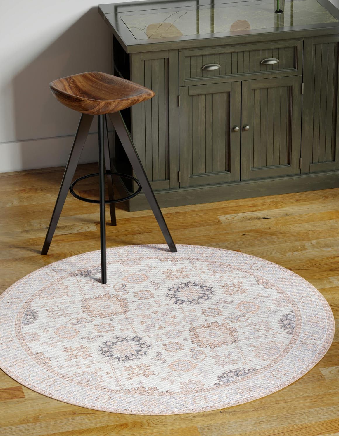 Washable Ivory 5' 1 x 5' 1 Timeless Round Area Rug Easy to Clean Stain Resistant & Durable Traditional Classic Vintage Design Carpet for Sale at Rug Engine