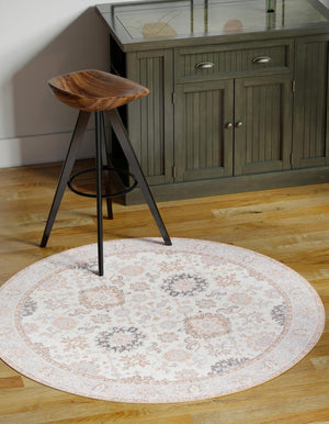 Washable Ivory 5' 1 x 5' 1 Timeless Round Area Rug Easy to Clean Stain Resistant & Durable Traditional Classic Vintage Design Carpet for Sale at Rug Engine