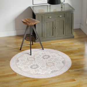 Washable Ivory 2' x 2' Timeless Round Area Rug Easy to Clean Stain Resistant & Durable Traditional Classic Vintage Design Carpet for Sale at Rug Engine