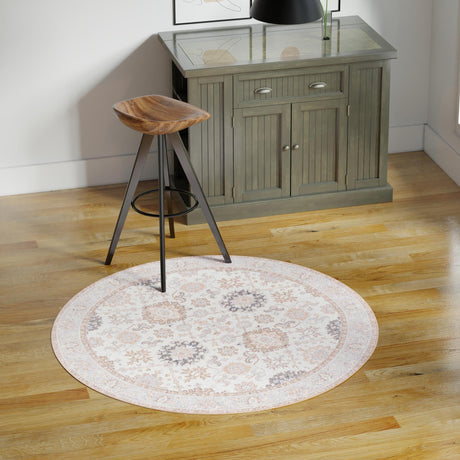 Washable Ivory 2' x 2' Timeless Round Area Rug Easy to Clean Stain Resistant & Durable Traditional Classic Vintage Design Carpet for Sale at Rug Engine