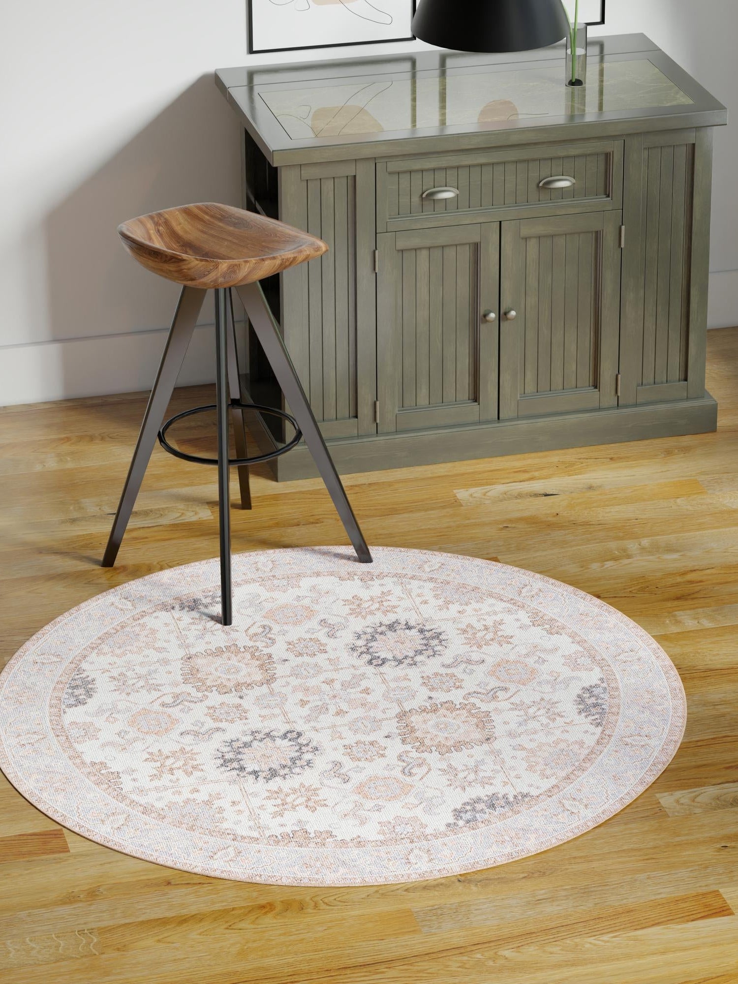 Washable Ivory 5' 1 x 5' 1 Timeless Round Area Rug Easy to Clean Stain Resistant & Durable Traditional Classic Vintage Design Carpet for Sale at Rug Engine