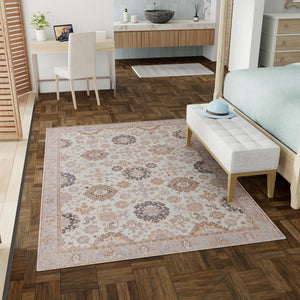 Washable Ivory 6' 1 x 9' Timeless Rectangle Area Rug Easy to Clean Stain Resistant & Durable Traditional Classic Vintage Design Carpet for Sale at Rug Engine