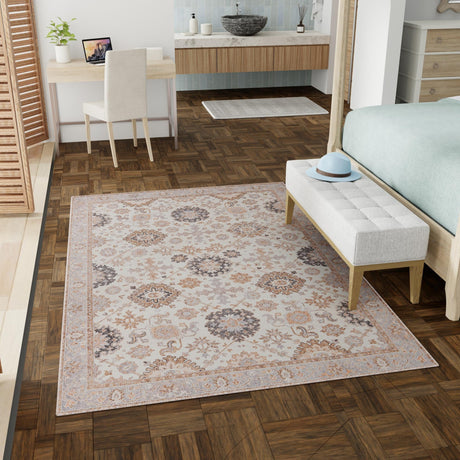 Washable Ivory 6' 1 x 9' Timeless Rectangle Area Rug Easy to Clean Stain Resistant & Durable Traditional Classic Vintage Design Carpet for Sale at Rug Engine