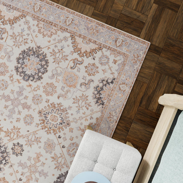 Washable Ivory 6' 1 x 9' Timeless Rectangle Area Rug Easy to Clean Stain Resistant & Durable Traditional Classic Vintage Design Carpet for Sale at Rug Engine