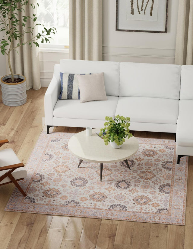 Washable Ivory 7' 10 x 7' 10 Timeless Square Area Rug Easy to Clean Stain Resistant & Durable Traditional Classic Vintage Design Carpet for Sale at Rug Engine