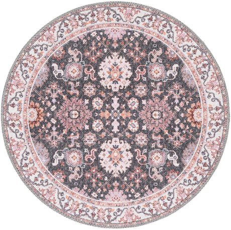 Washable Gray 2' x 2' Timeless Round Area Rug Easy to Clean Stain Resistant & Durable Traditional Classic Vintage Design Carpet for Sale at Rug Engine
