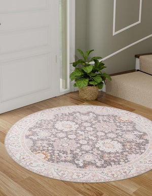 Washable Gray 2' x 2' Timeless Round Area Rug Easy to Clean Stain Resistant & Durable Traditional Classic Vintage Design Carpet for Sale at Rug Engine