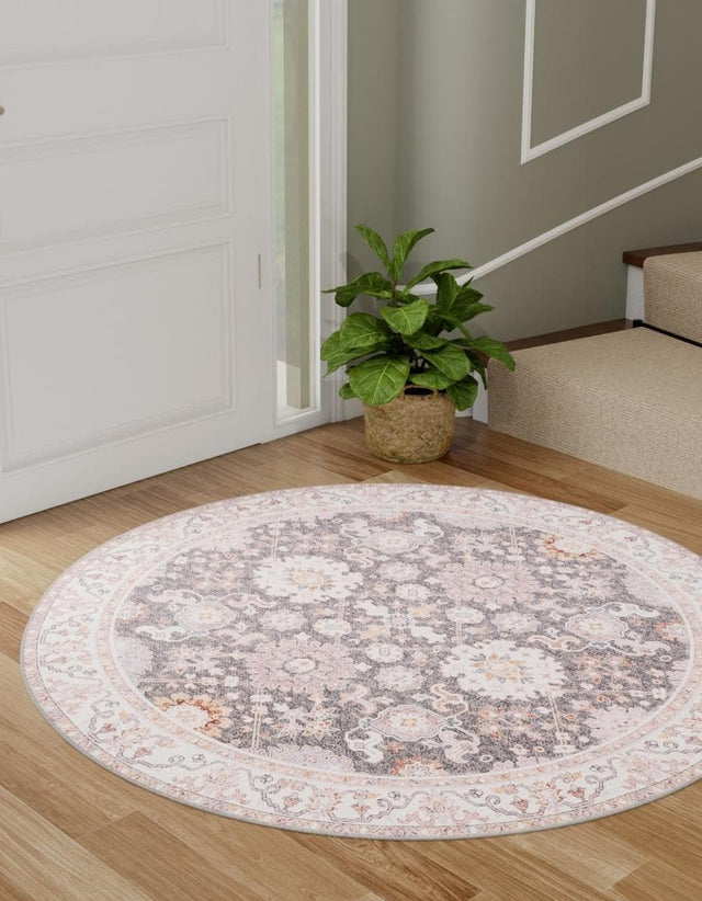 Washable Gray 5' 1 x 5' 1 Timeless Round Area Rug Easy to Clean Stain Resistant & Durable Traditional Classic Vintage Design Carpet for Sale at Rug Engine
