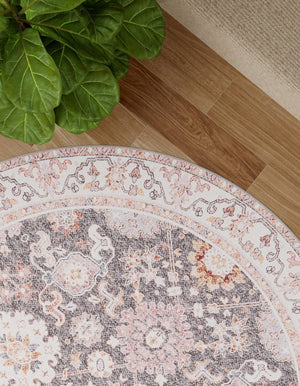Washable Gray 7' 10 x 7' 10 Timeless Round Area Rug Easy to Clean Stain Resistant & Durable Traditional Classic Vintage Design Carpet for Sale at Rug Engine
