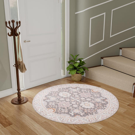 Washable Gray 7' 10 x 7' 10 Timeless Round Area Rug Easy to Clean Stain Resistant & Durable Traditional Classic Vintage Design Carpet for Sale at Rug Engine
