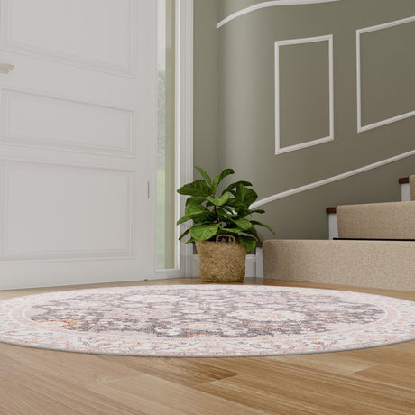 Washable Gray 7' 10 x 7' 10 Timeless Round Area Rug Easy to Clean Stain Resistant & Durable Traditional Classic Vintage Design Carpet for Sale at Rug Engine