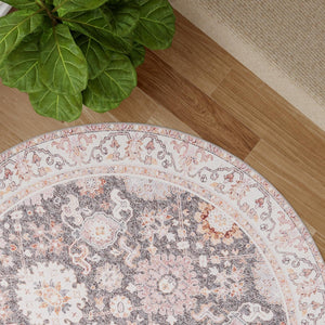 Washable Gray 7' 10 x 7' 10 Timeless Round Area Rug Easy to Clean Stain Resistant & Durable Traditional Classic Vintage Design Carpet for Sale at Rug Engine