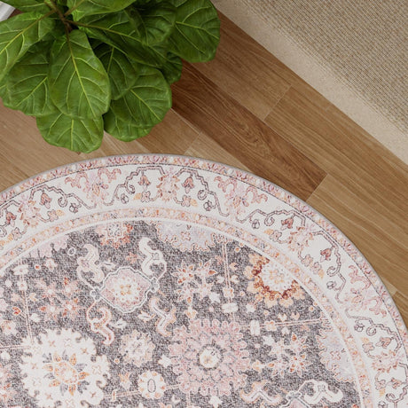 Washable Gray 7' 10 x 7' 10 Timeless Round Area Rug Easy to Clean Stain Resistant & Durable Traditional Classic Vintage Design Carpet for Sale at Rug Engine