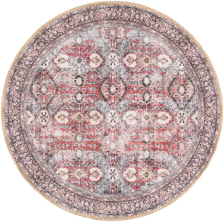 Washable Antique Red 2' x 2' Timeless Round Area Rug Easy to Clean Stain Resistant & Durable Traditional Classic Vintage Design Carpet for Sale at Rug Engine