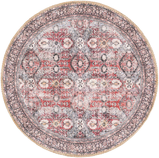 Washable Antique Red 2' x 2' Timeless Round Area Rug Easy to Clean Stain Resistant & Durable Traditional Classic Vintage Design Carpet for Sale at Rug Engine