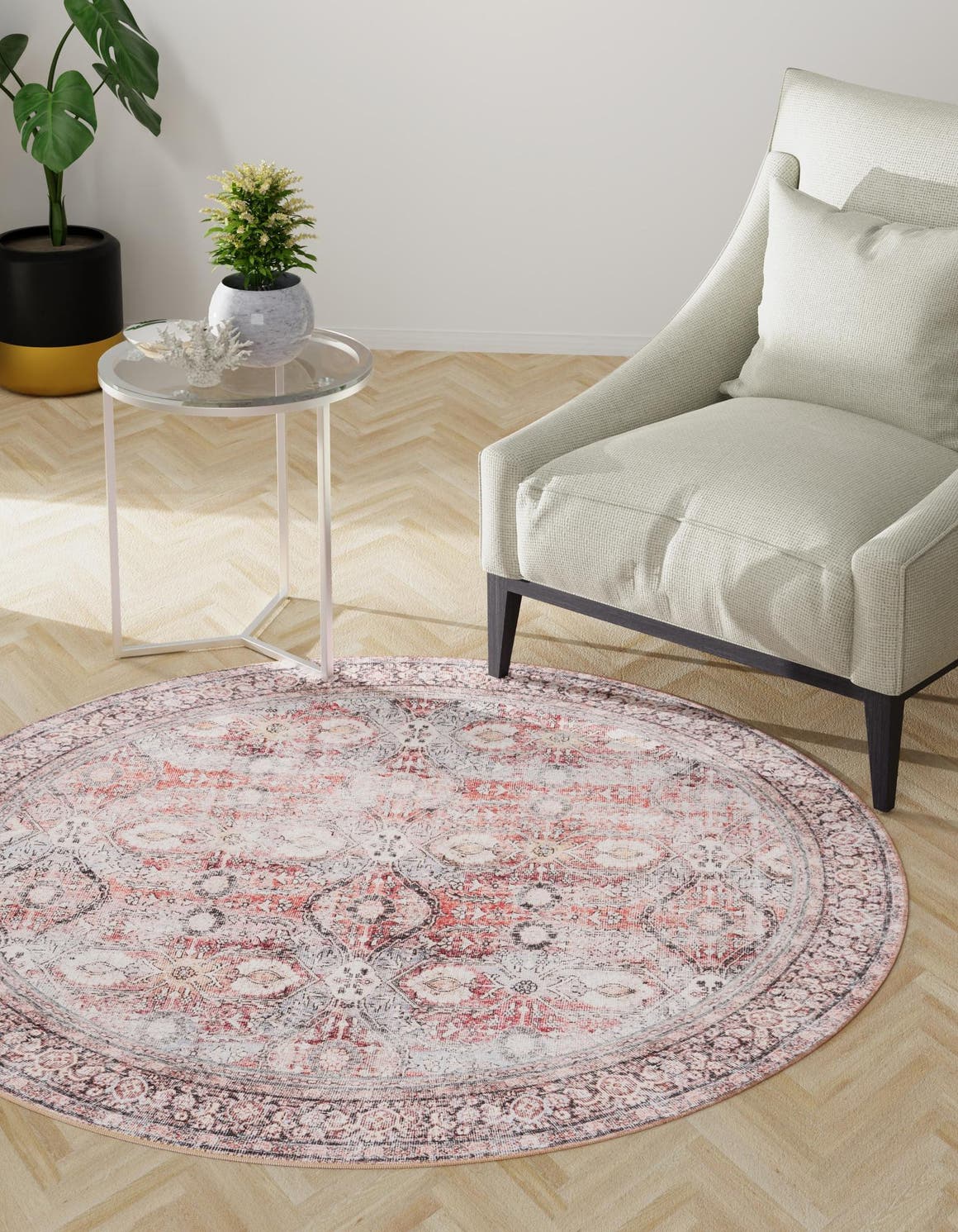 Washable Antique Red 3' 6 x 3' 6 Timeless Round Area Rug Easy to Clean Stain Resistant & Durable Traditional Classic Vintage Design Carpet for Sale at Rug Engine