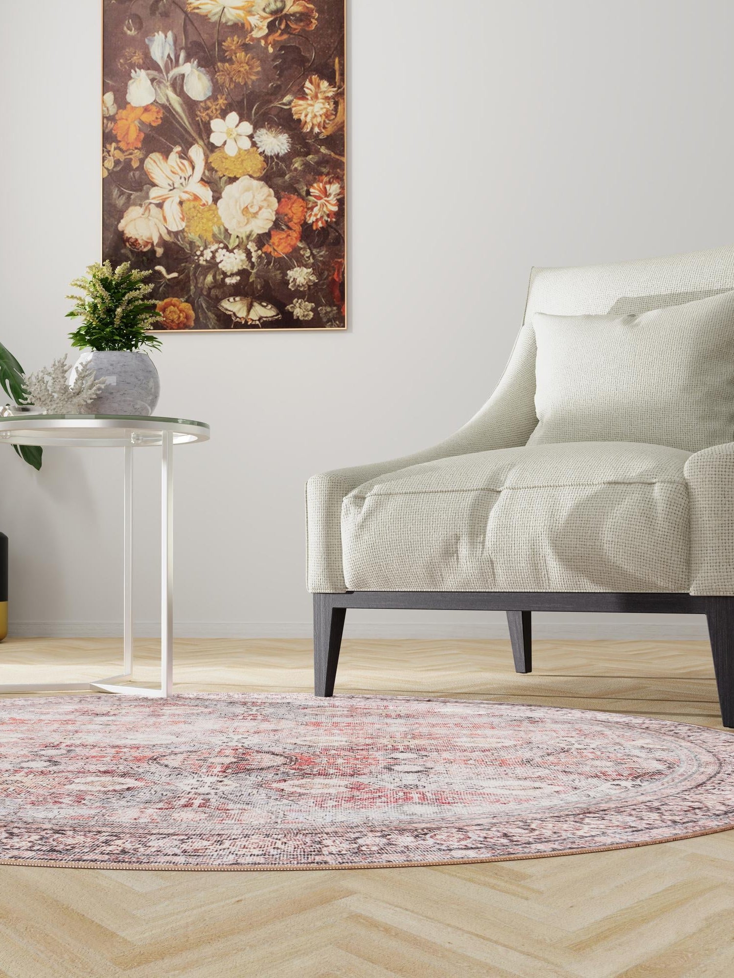 Washable Antique Red 7' 10 x 7' 10 Timeless Round Area Rug Easy to Clean Stain Resistant & Durable Traditional Classic Vintage Design Carpet for Sale at Rug Engine