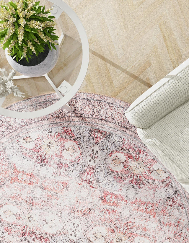 Washable Antique Red 5' 1 x 5' 1 Timeless Round Area Rug Easy to Clean Stain Resistant & Durable Traditional Classic Vintage Design Carpet for Sale at Rug Engine