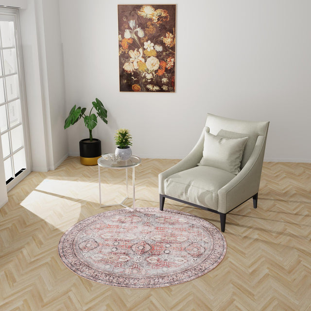 Washable Antique Red 2' x 2' Timeless Round Area Rug Easy to Clean Stain Resistant & Durable Traditional Classic Vintage Design Carpet for Sale at Rug Engine