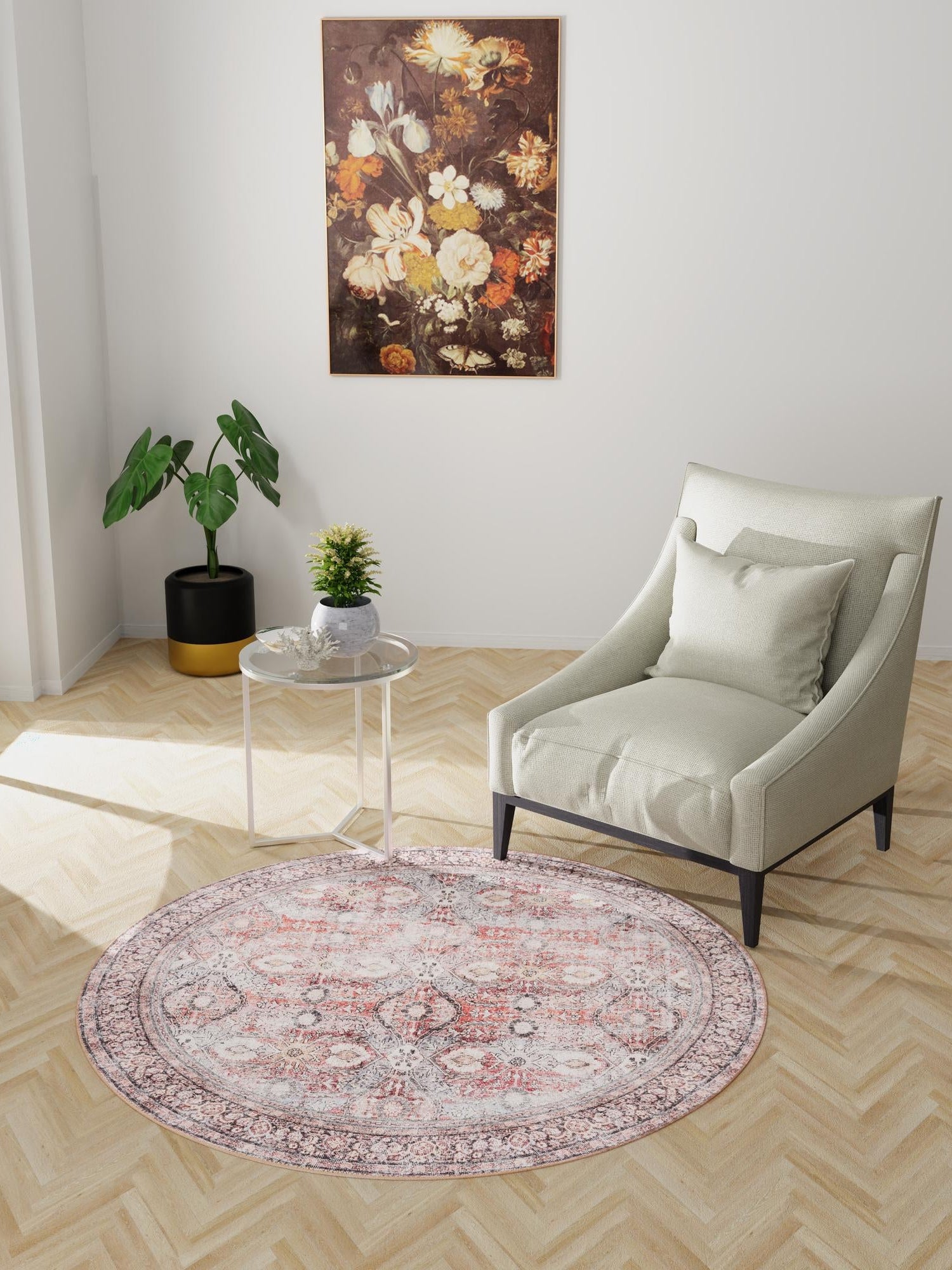Washable Antique Red 7' 10 x 7' 10 Timeless Round Area Rug Easy to Clean Stain Resistant & Durable Traditional Classic Vintage Design Carpet for Sale at Rug Engine