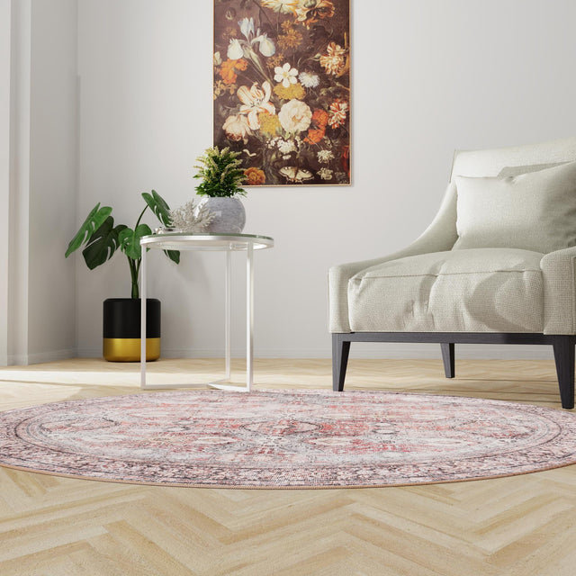 Washable Antique Red 2' x 2' Timeless Round Area Rug Easy to Clean Stain Resistant & Durable Traditional Classic Vintage Design Carpet for Sale at Rug Engine