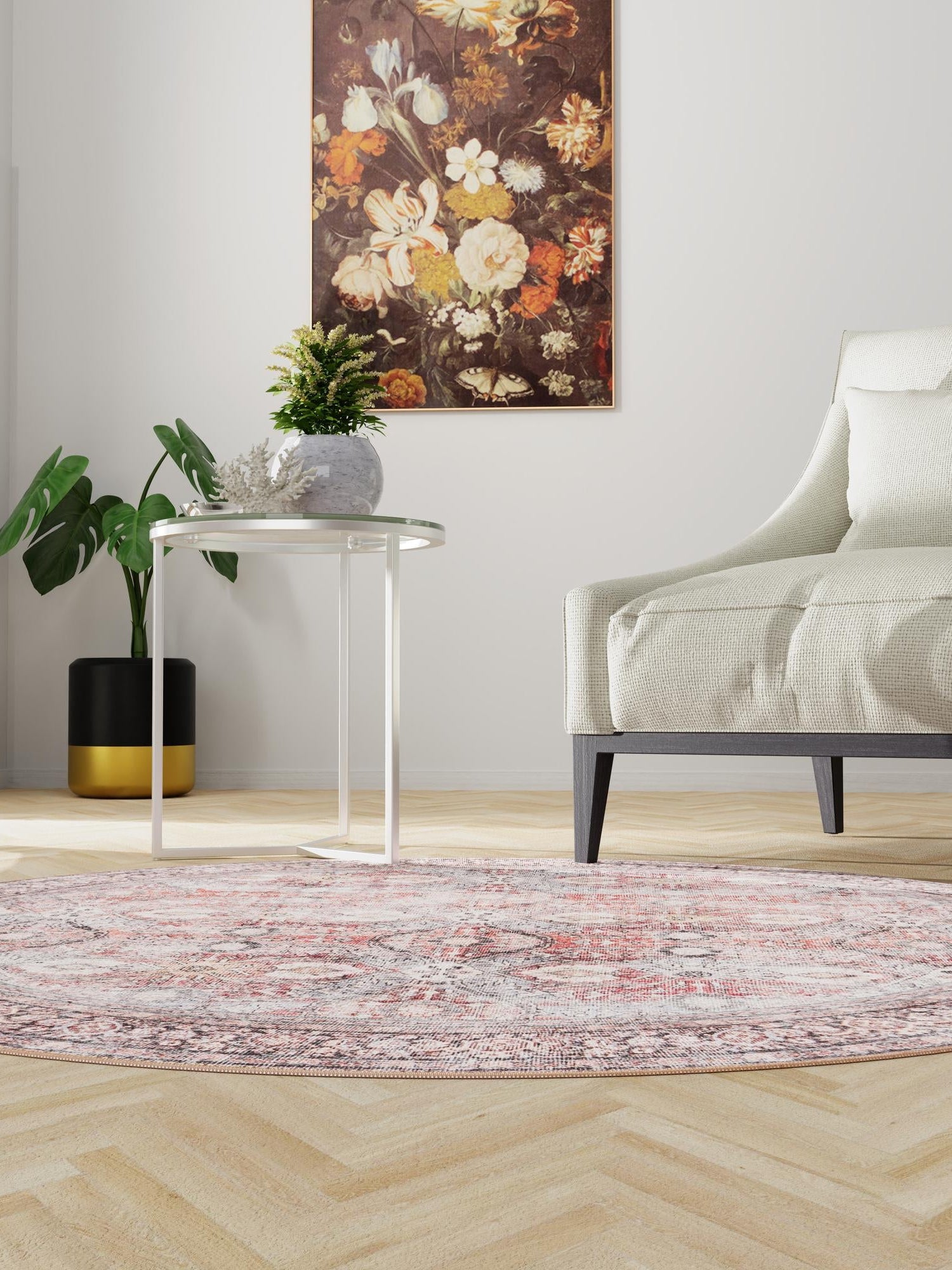 Washable Antique Red 7' 10 x 7' 10 Timeless Round Area Rug Easy to Clean Stain Resistant & Durable Traditional Classic Vintage Design Carpet for Sale at Rug Engine