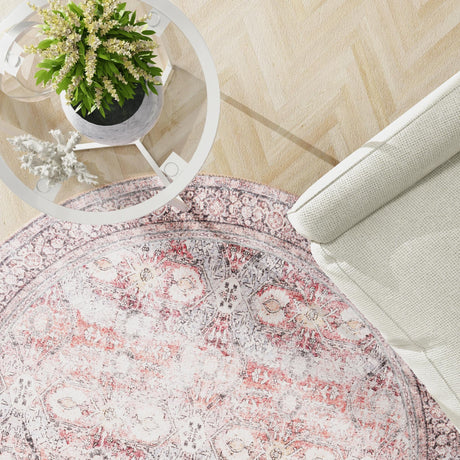 Washable Antique Red 2' x 2' Timeless Round Area Rug Easy to Clean Stain Resistant & Durable Traditional Classic Vintage Design Carpet for Sale at Rug Engine