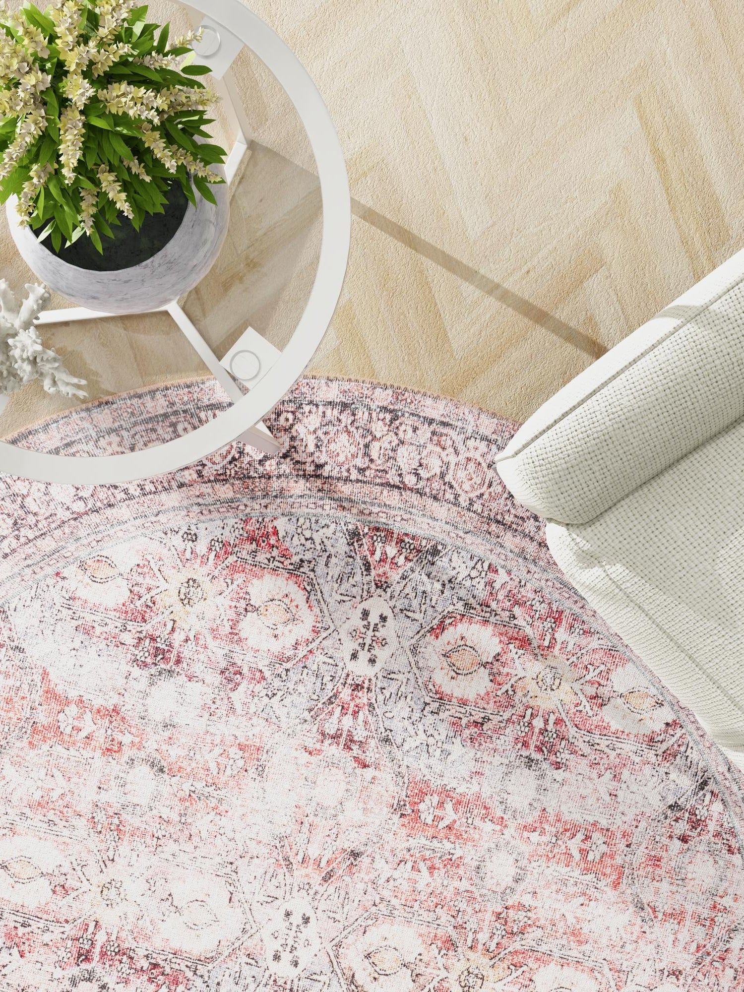 Washable Antique Red 7' 10 x 7' 10 Timeless Round Area Rug Easy to Clean Stain Resistant & Durable Traditional Classic Vintage Design Carpet for Sale at Rug Engine
