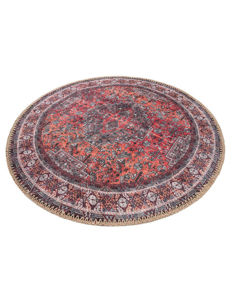 Washable Rust Red 2' x 2' Timeless Round Area Rug Easy to Clean Stain Resistant & Durable Traditional Classic Vintage Design Carpet for Sale at Rug Engine