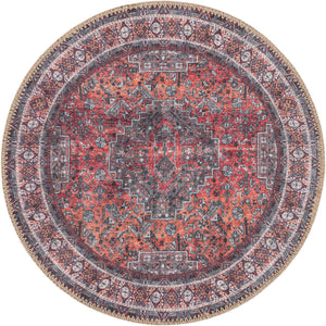 Washable Rust Red 2' x 2' Timeless Round Area Rug Easy to Clean Stain Resistant & Durable Traditional Classic Vintage Design Carpet for Sale at Rug Engine