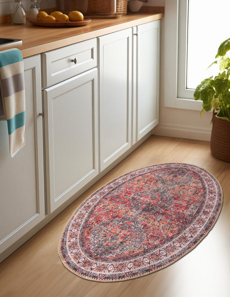 Washable Rust Red 2' x 3' 1 Timeless Oval Area Rug Easy to Clean Stain Resistant & Durable Traditional Classic Vintage Design Carpet for Sale at Rug Engine
