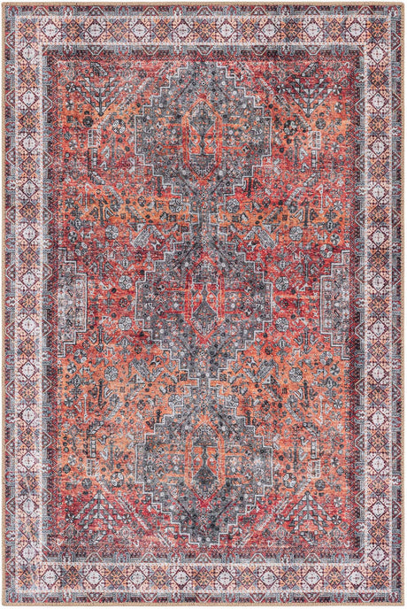 Washable Rust Red 4' 1 x 6' 1 Timeless Rectangle Area Rug Easy to Clean Stain Resistant & Durable Traditional Classic Vintage Design Carpet for Sale at Rug Engine
