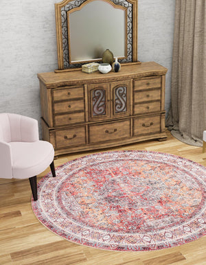 Washable Rust Red 5' 1 x 5' 1 Timeless Round Area Rug Easy to Clean Stain Resistant & Durable Traditional Classic Vintage Design Carpet for Sale at Rug Engine