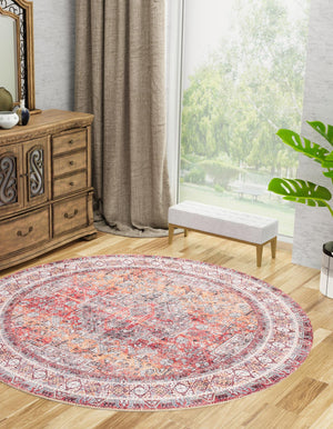Washable Rust Red 2' x 2' Timeless Round Area Rug Easy to Clean Stain Resistant & Durable Traditional Classic Vintage Design Carpet for Sale at Rug Engine