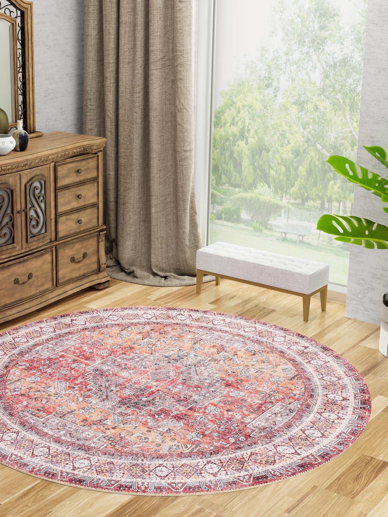 Washable Rust Red 5' 1 x 5' 1 Timeless Round Area Rug Easy to Clean Stain Resistant & Durable Traditional Classic Vintage Design Carpet for Sale at Rug Engine
