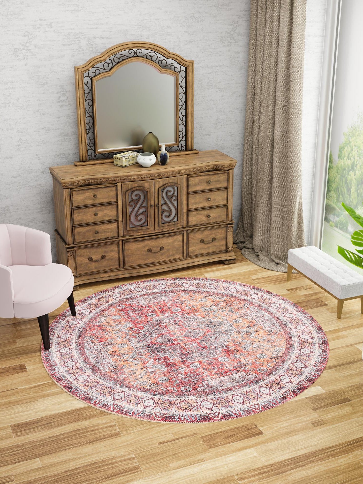 Washable Rust Red 5' 1 x 5' 1 Timeless Round Area Rug Easy to Clean Stain Resistant & Durable Traditional Classic Vintage Design Carpet for Sale at Rug Engine