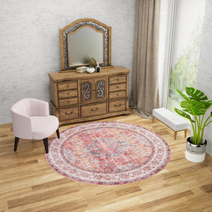 Washable Rust Red 5' 1 x 5' 1 Timeless Round Area Rug Easy to Clean Stain Resistant & Durable Traditional Classic Vintage Design Carpet for Sale at Rug Engine