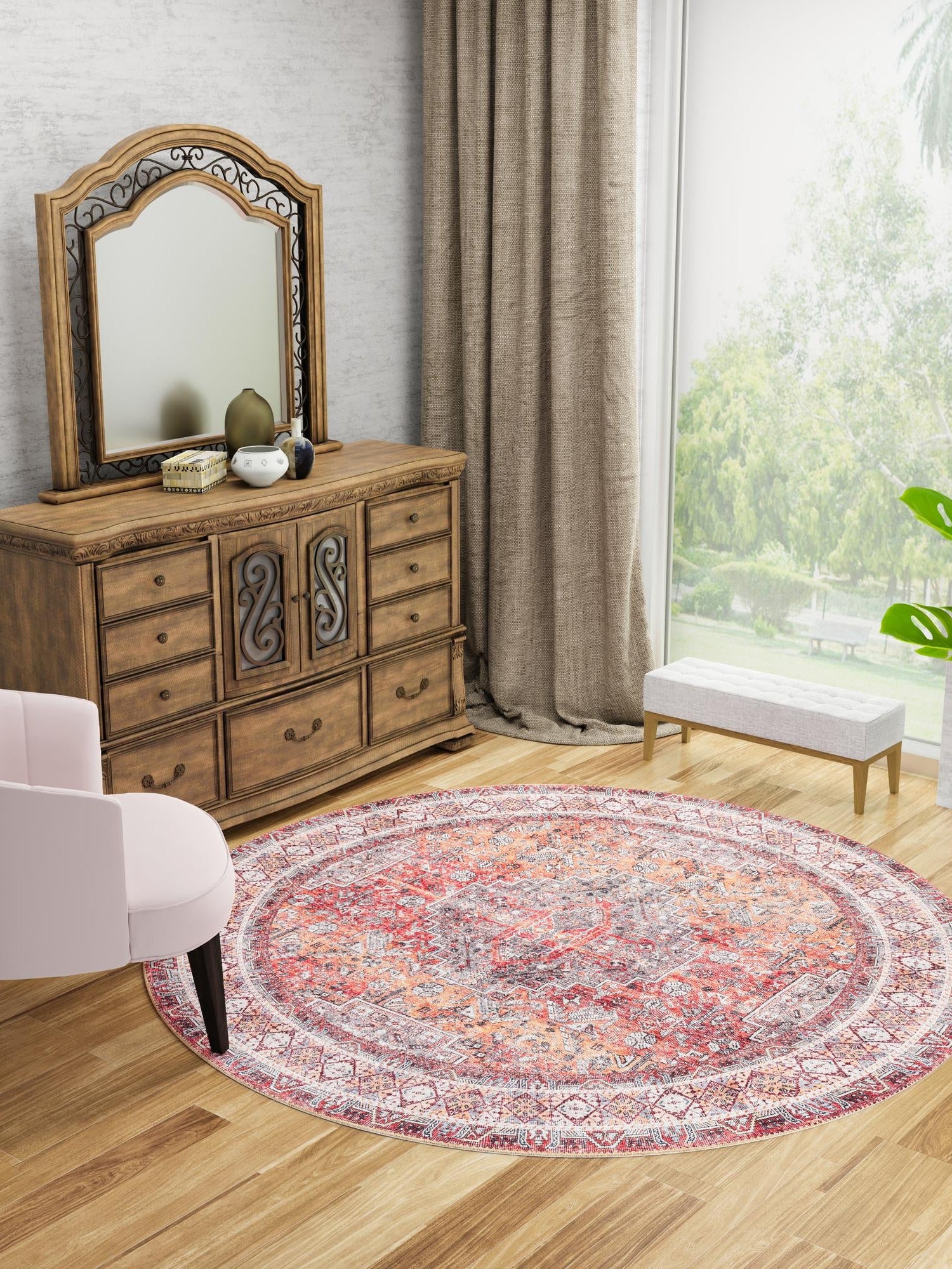 Washable Rust Red 5' 1 x 5' 1 Timeless Round Area Rug Easy to Clean Stain Resistant & Durable Traditional Classic Vintage Design Carpet for Sale at Rug Engine