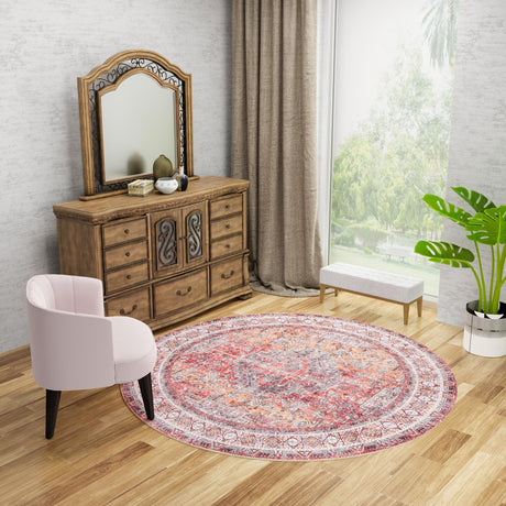 Washable Rust Red 5' 1 x 5' 1 Timeless Round Area Rug Easy to Clean Stain Resistant & Durable Traditional Classic Vintage Design Carpet for Sale at Rug Engine