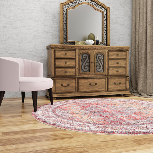 Washable Rust Red 2' x 2' Timeless Round Area Rug Easy to Clean Stain Resistant & Durable Traditional Classic Vintage Design Carpet for Sale at Rug Engine