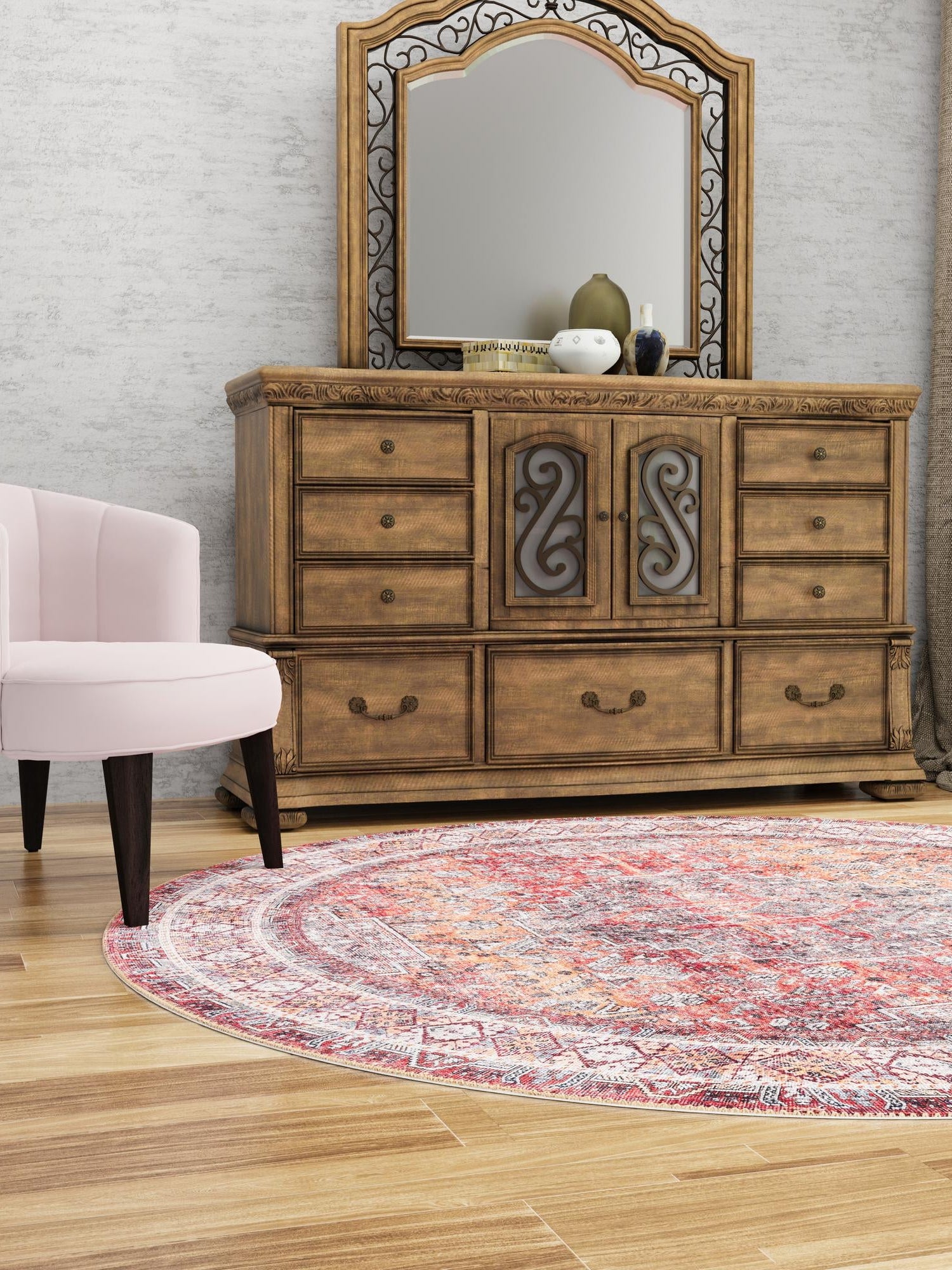 Washable Rust Red 5' 1 x 5' 1 Timeless Round Area Rug Easy to Clean Stain Resistant & Durable Traditional Classic Vintage Design Carpet for Sale at Rug Engine
