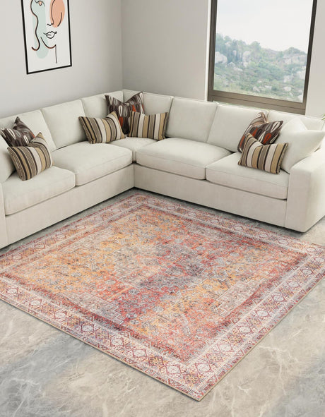Washable Rust Red 7' 10 x 7' 10 Timeless Square Area Rug Easy to Clean Stain Resistant & Durable Traditional Classic Vintage Design Carpet for Sale at Rug Engine