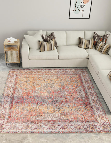 Washable Rust Red 7' 10 x 7' 10 Timeless Square Area Rug Easy to Clean Stain Resistant & Durable Traditional Classic Vintage Design Carpet for Sale at Rug Engine
