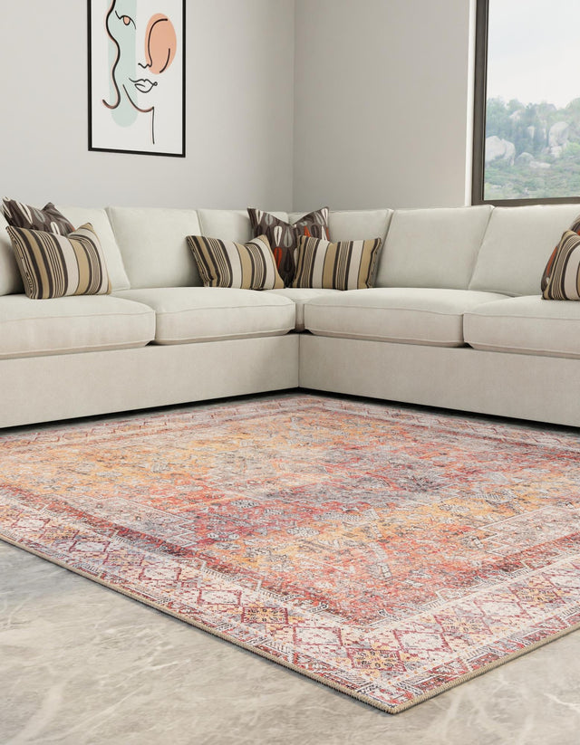 Washable Rust Red 7' 10 x 7' 10 Timeless Square Area Rug Easy to Clean Stain Resistant & Durable Traditional Classic Vintage Design Carpet for Sale at Rug Engine