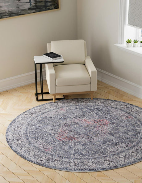 Washable Gray 7' 10 x 7' 10 Timeless Round Area Rug Easy to Clean Stain Resistant & Durable Traditional Classic Vintage Design Carpet for Sale at Rug Engine