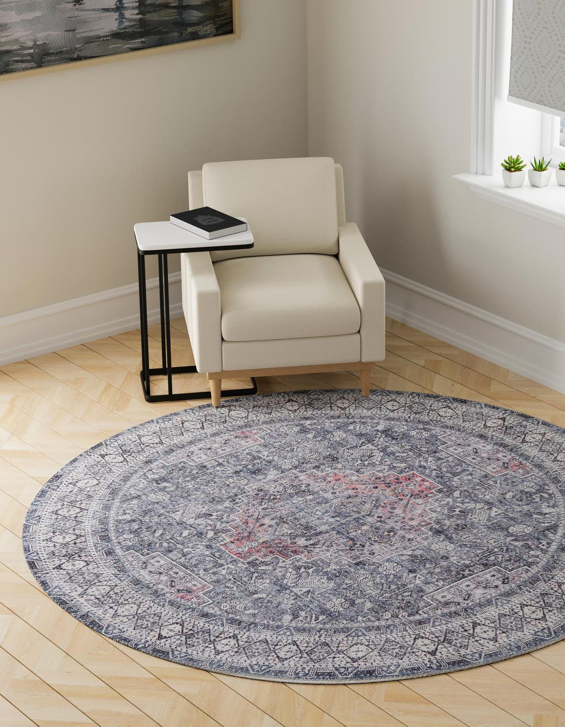 Washable Gray 2' x 2' Timeless Round Area Rug Easy to Clean Stain Resistant & Durable
