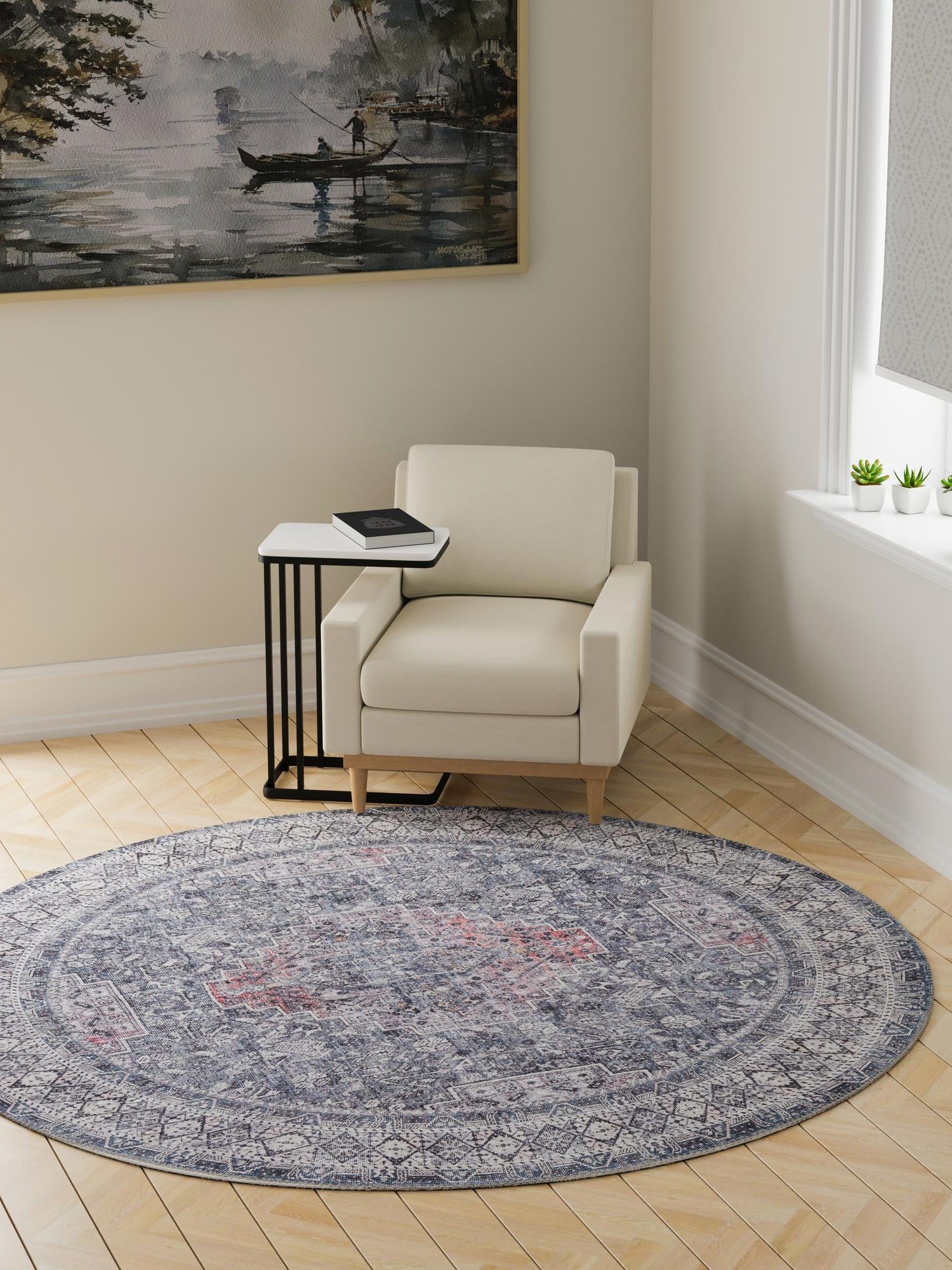 Washable Gray 2' x 2' Timeless Round Area Rug Easy to Clean Stain Resistant & Durable