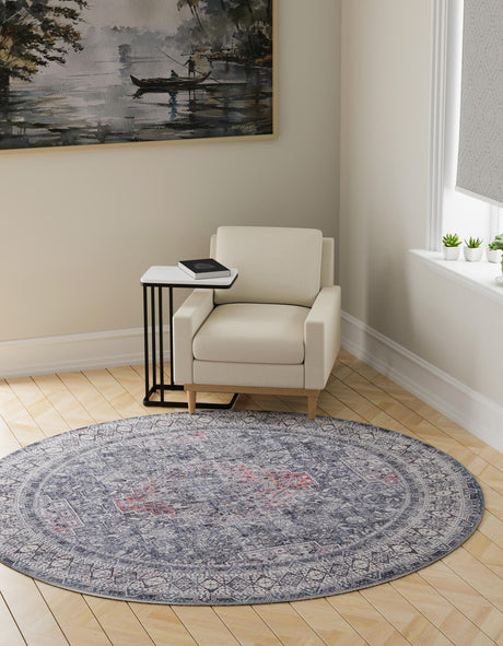 Washable Gray 2' x 2' Timeless Round Area Rug Easy to Clean Stain Resistant & Durable