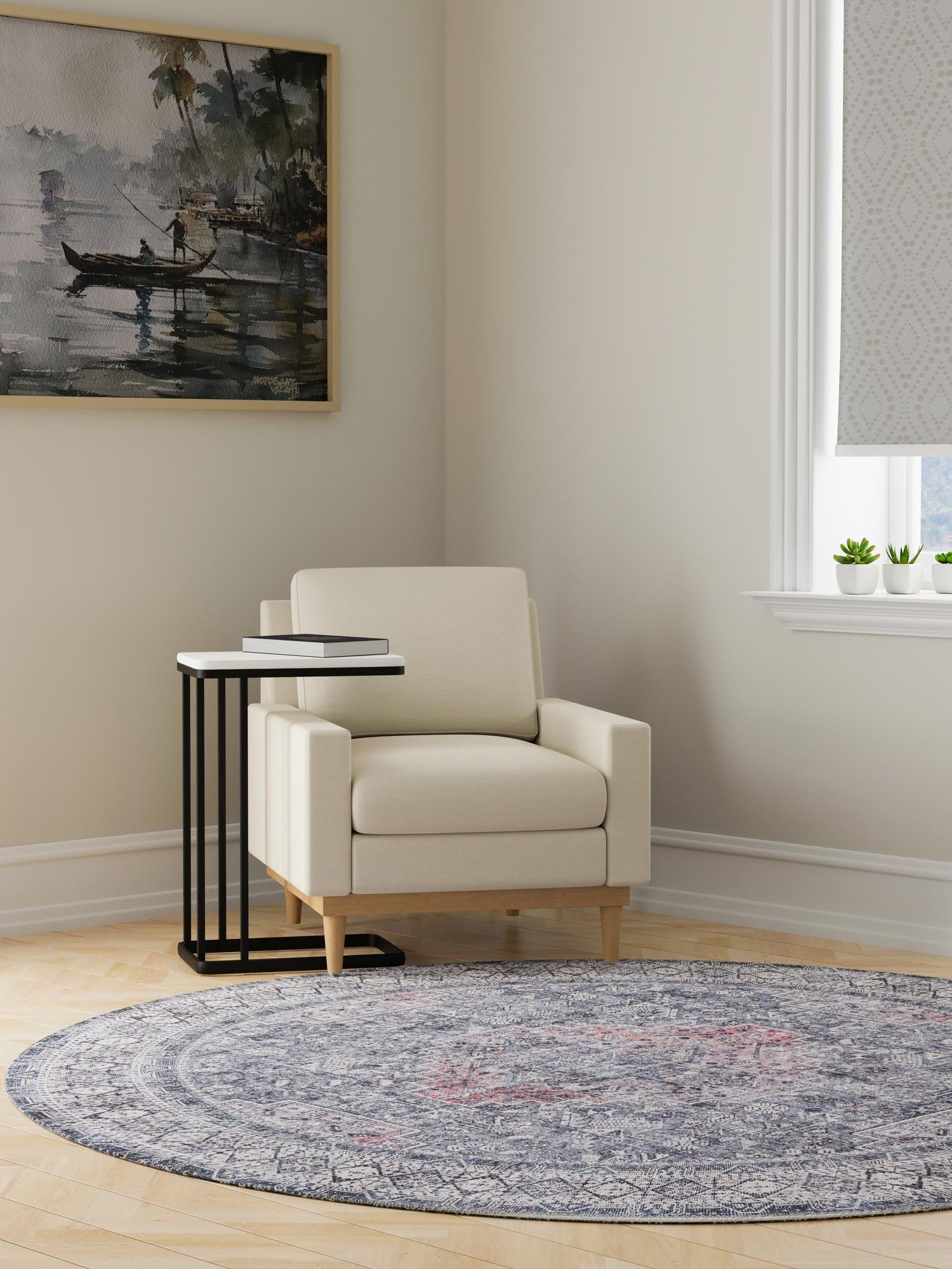 Washable Gray 2' x 2' Timeless Round Area Rug Easy to Clean Stain Resistant & Durable