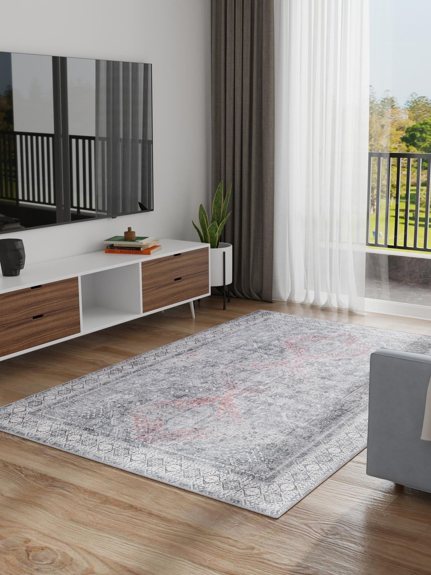 Washable Gray 6' 1 x 9' Timeless Rectangle Area Rug Easy to Clean Stain Resistant & Durable Traditional Classic Vintage Design Carpet for Sale at Rug Engine